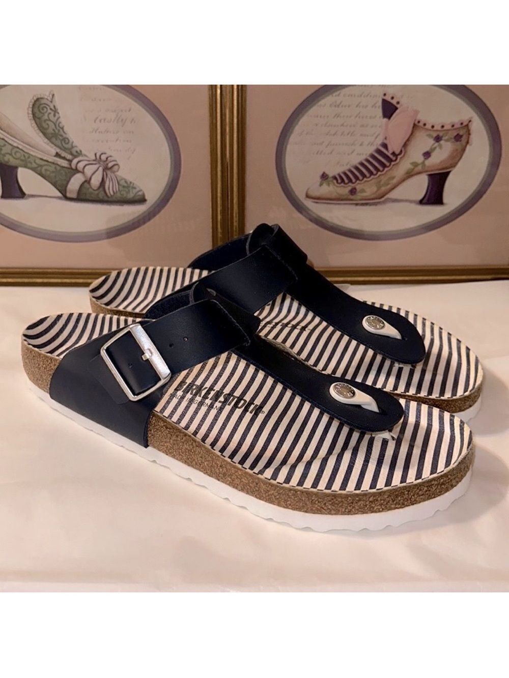 Birkenstock 11 Gizeh Nautical Stripes Navy White Thong Buckle Sandals